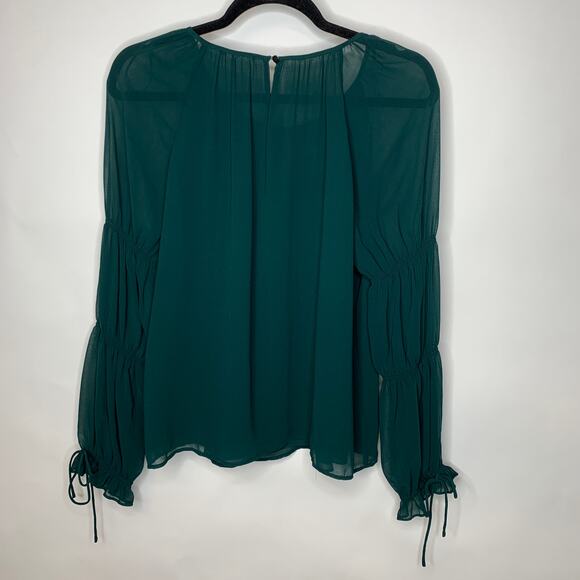 Dark Green Chiffon Blouse Gathered Bishop Sleeves Sz Medium - Picture 7 of 11